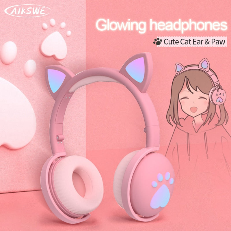 Fones de Ouvido Bluetooth AIKSWE – Orelhas de Gato LED para Meninas e Crianças