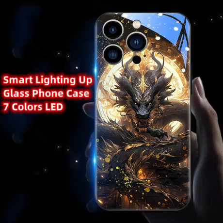 Capa de Telefone de Vidro Temperado para iPhone com Design Zhaocai Dragon – Estilo China-Chic com Iluminação Inteligente