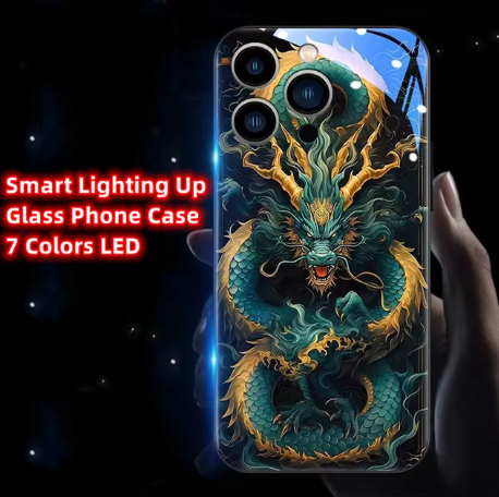Capa de Telefone de Vidro Temperado para iPhone com Design Zhaocai Dragon – Estilo China-Chic com Iluminação Inteligente
