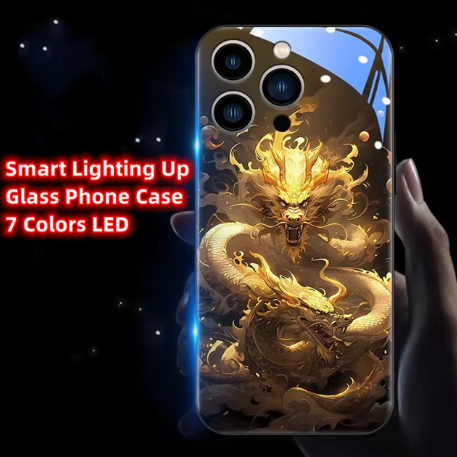 Capa de Telefone de Vidro Temperado para iPhone com Design Zhaocai Dragon – Estilo China-Chic com Iluminação Inteligente
