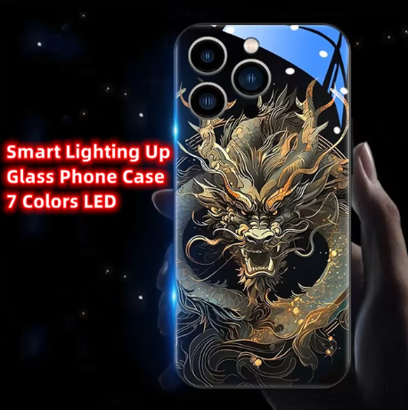 Capa de Telefone de Vidro Temperado para iPhone com Design Zhaocai Dragon – Estilo China-Chic com Iluminação Inteligente
