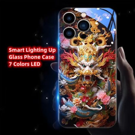 Capa de Telefone de Vidro Temperado para iPhone com Design Zhaocai Dragon – Estilo China-Chic com Iluminação Inteligente