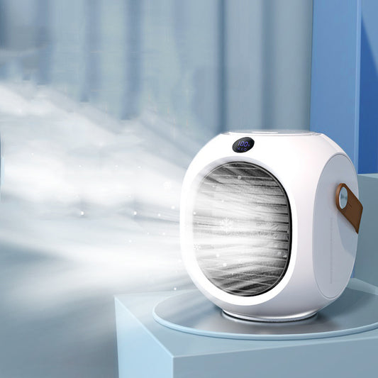 Ventilador Portátil com Refrigeração por Água e Cabeça Oscilante – Mini Ar Condicionado USB para Secretária com Função Spray e Luz LED