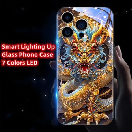 Capa de Telefone de Vidro Temperado para iPhone com Design Zhaocai Dragon – Estilo China-Chic com Iluminação Inteligente