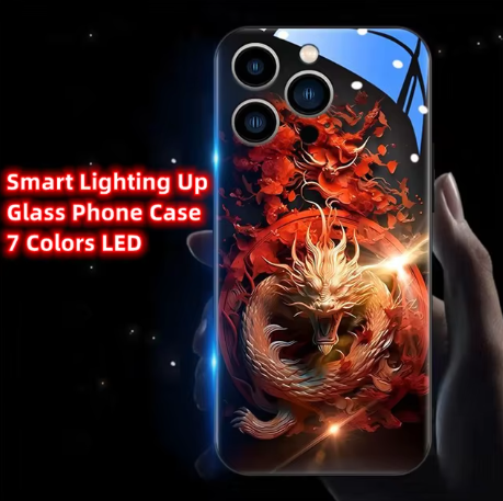 Capa de Telefone de Vidro Temperado para iPhone com Design Zhaocai Dragon – Estilo China-Chic com Iluminação Inteligente