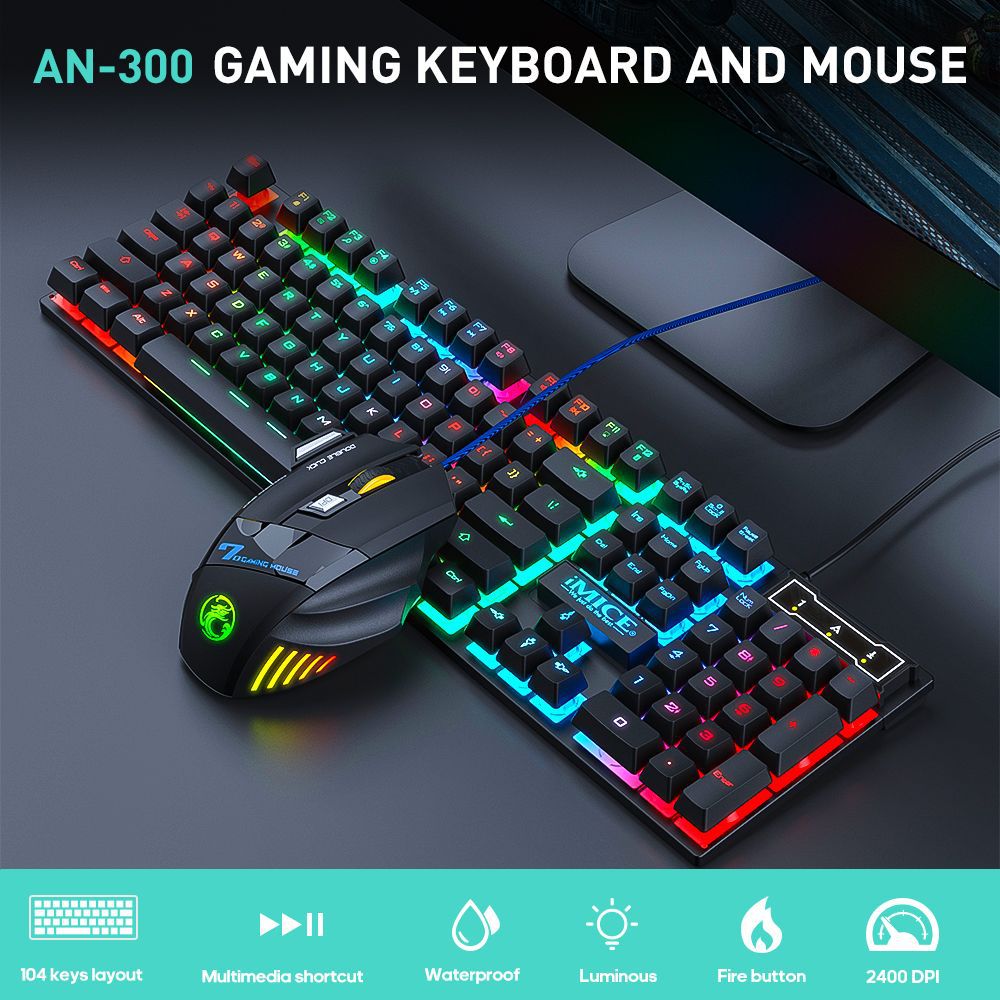 Wired Gaming Keyboard & Mouse Combo AN-300 – Teclas Flutuantes RGB Arco-íris, Mouse 5500 DPI, Plug-and-Play