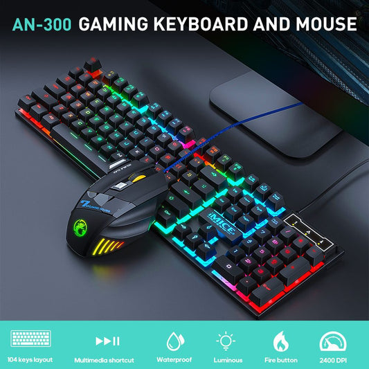 Wired Gaming Keyboard & Mouse Combo AN-300 – Teclas Flutuantes RGB Arco-íris, Mouse 5500 DPI, Plug-and-Play