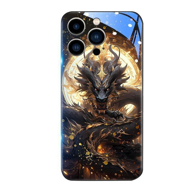 Capa de Telefone de Vidro Temperado para iPhone com Design Zhaocai Dragon – Estilo China-Chic com Iluminação Inteligente